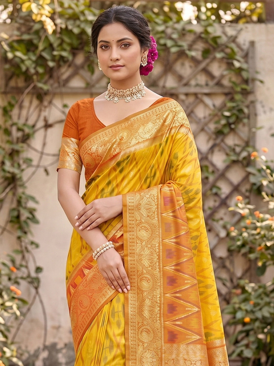 Peachmode Yellow Soft Silk Woven Saree - Image 4