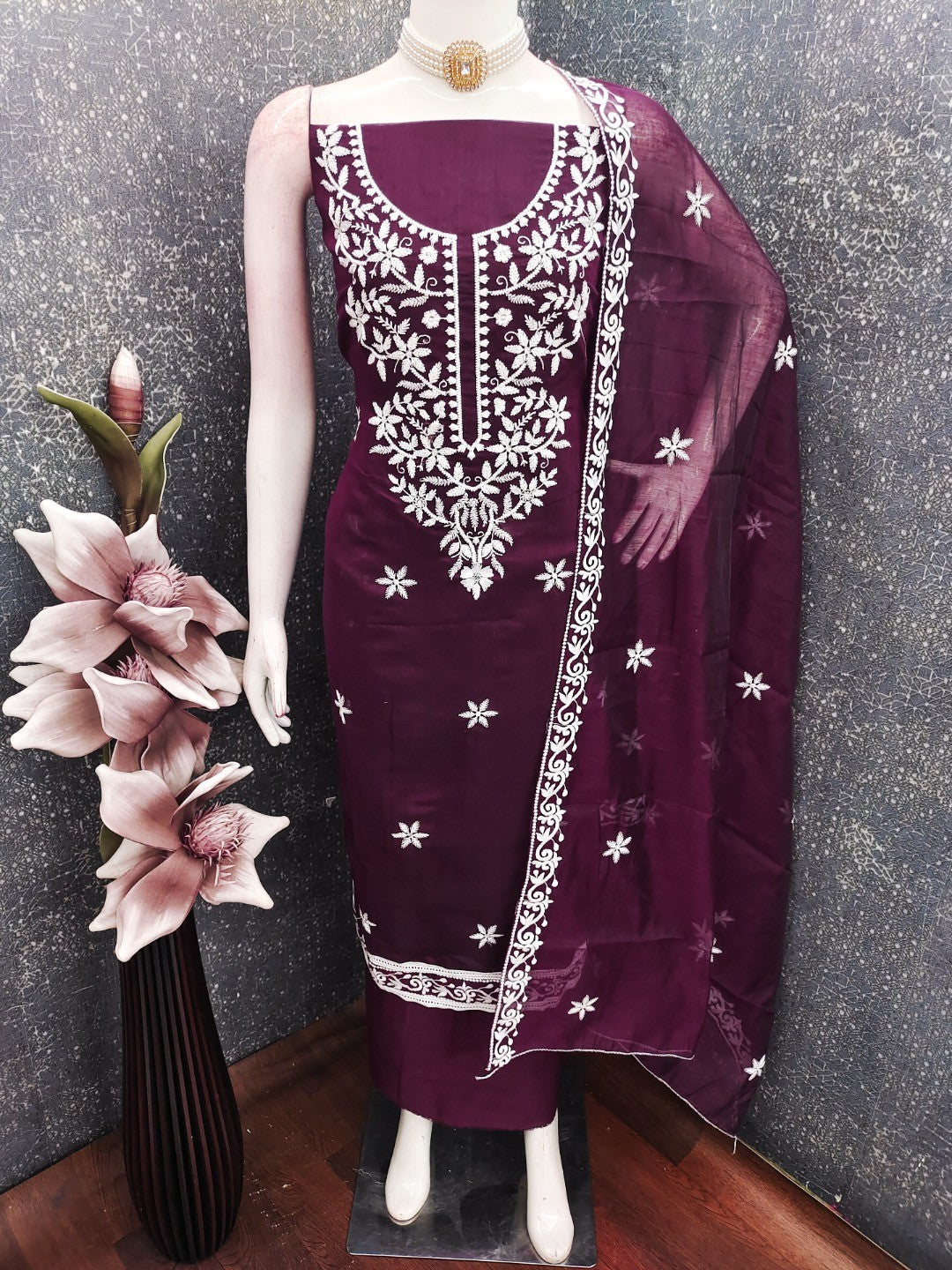 Peachmode Wine Chanderi Cotton Dress Material with Ethnic Motifs - Image 3