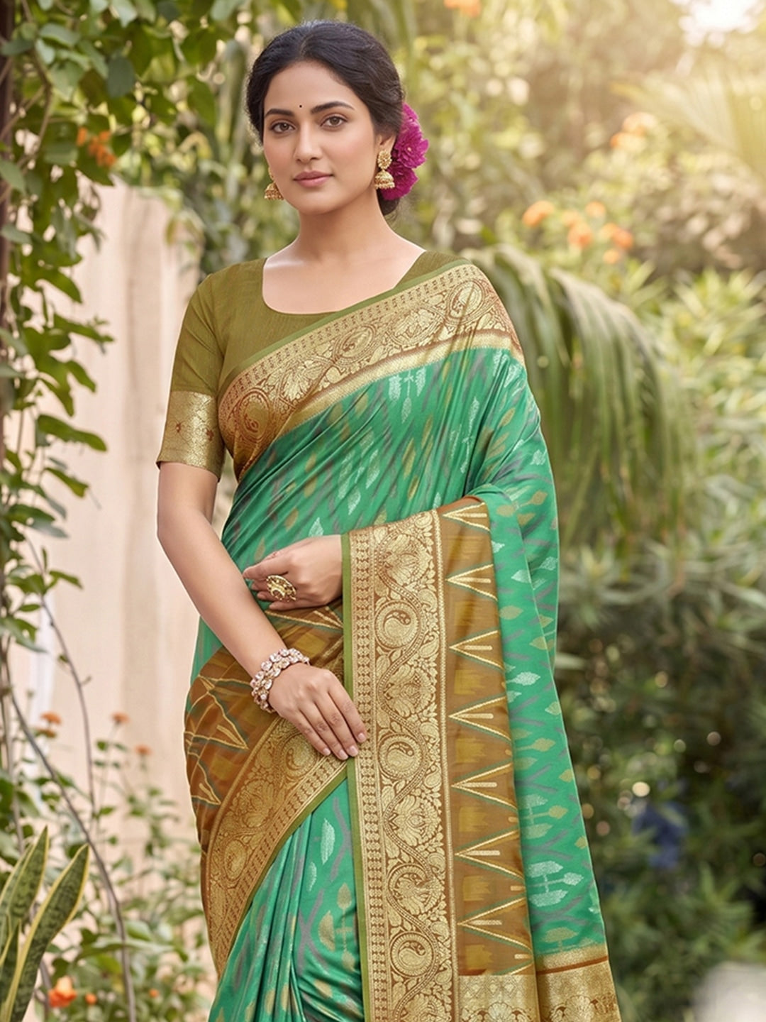 Peachmode Rama Green Soft Silk Woven Saree - Image 4