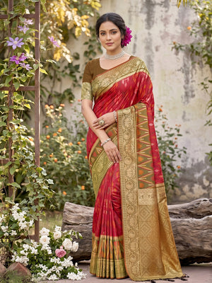 Peachmode Red Soft Silk Woven Saree - Image 1