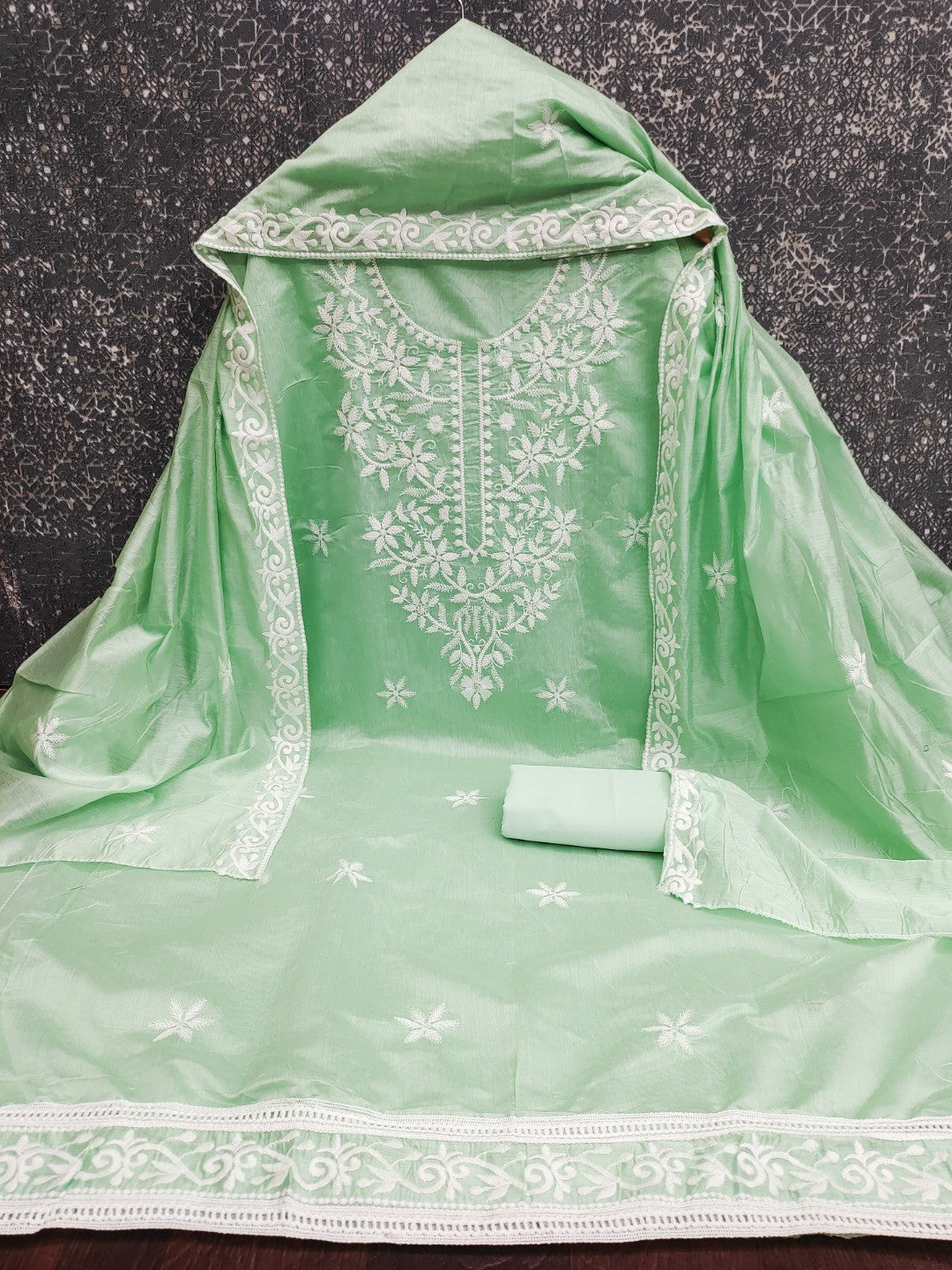 Peachmode Sea Green Chanderi Cotton Dress Material with Ethnic Motifs - Image 5