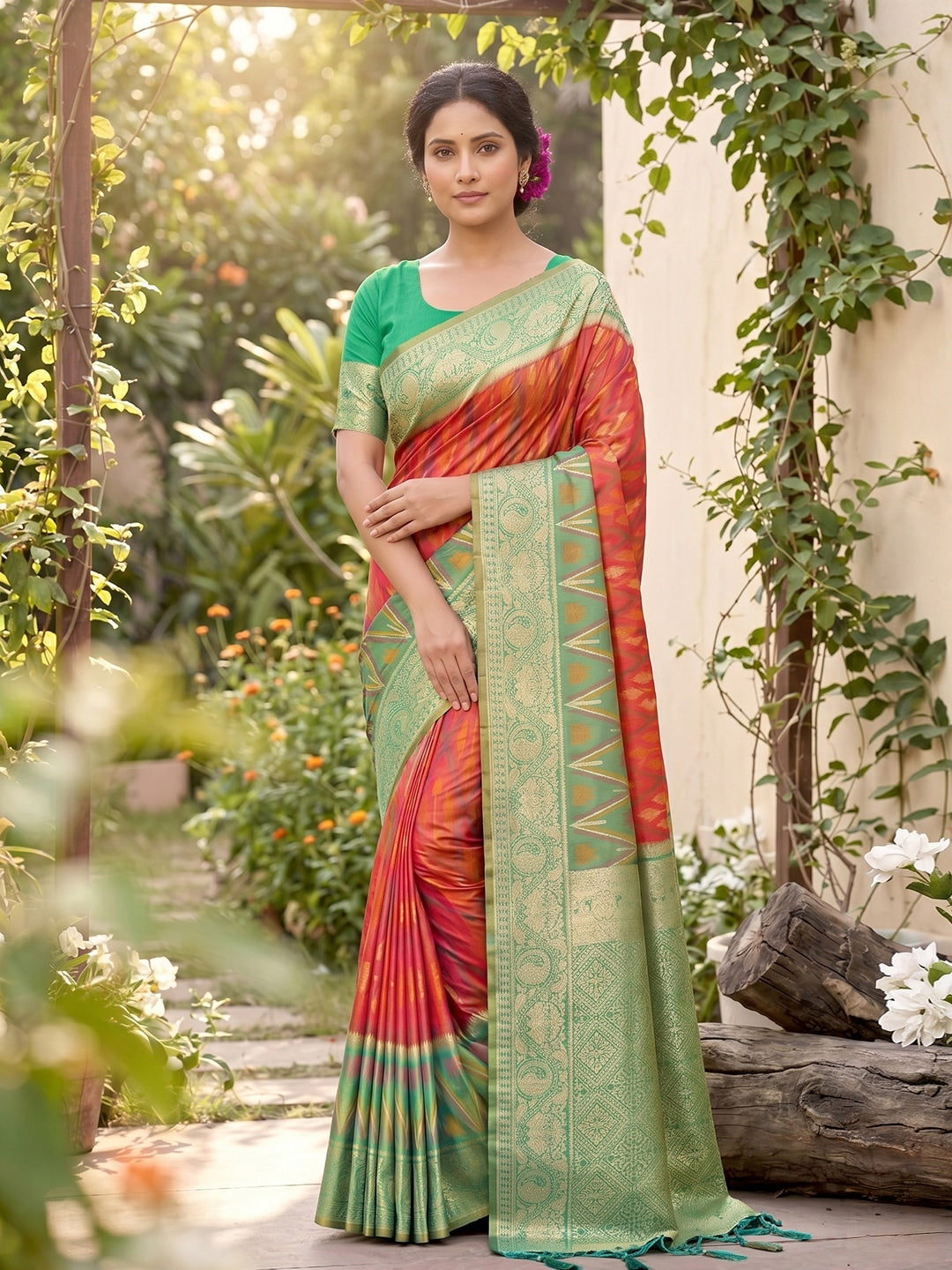 Peachmode Mustard Soft Silk Woven Saree - Image 1