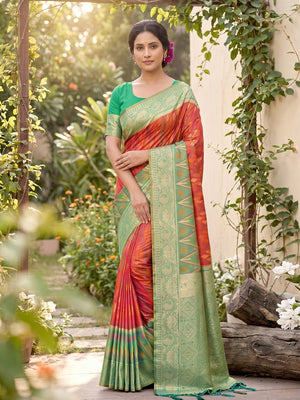 Peachmode Mustard Soft Silk Woven Saree - Image 1