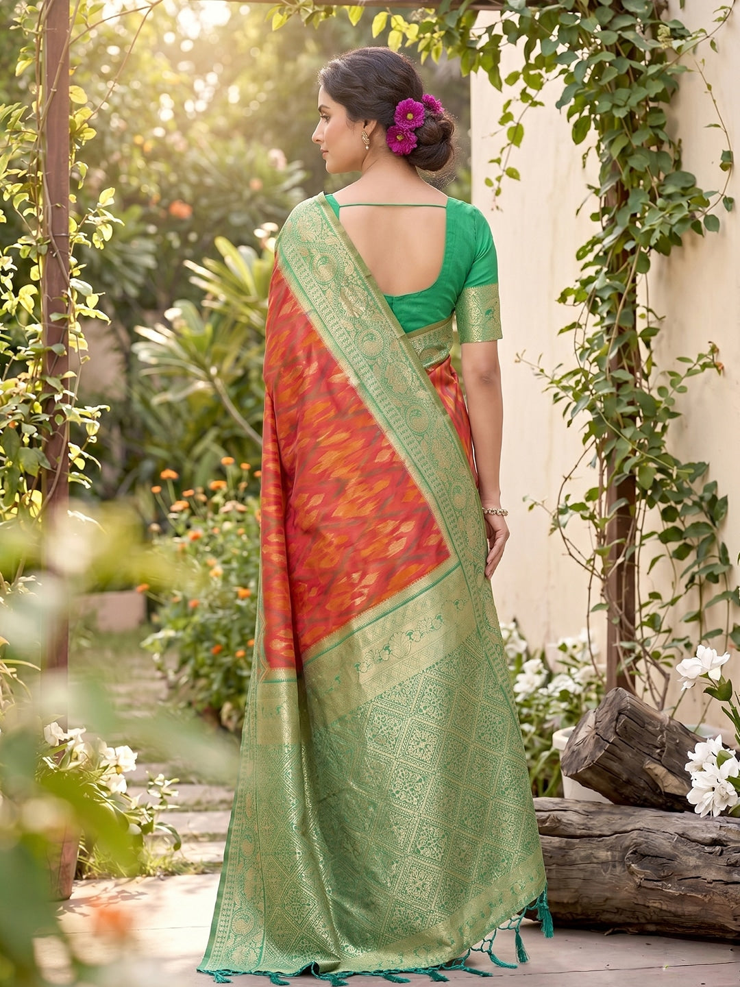 Peachmode Mustard Soft Silk Woven Saree - Image 3