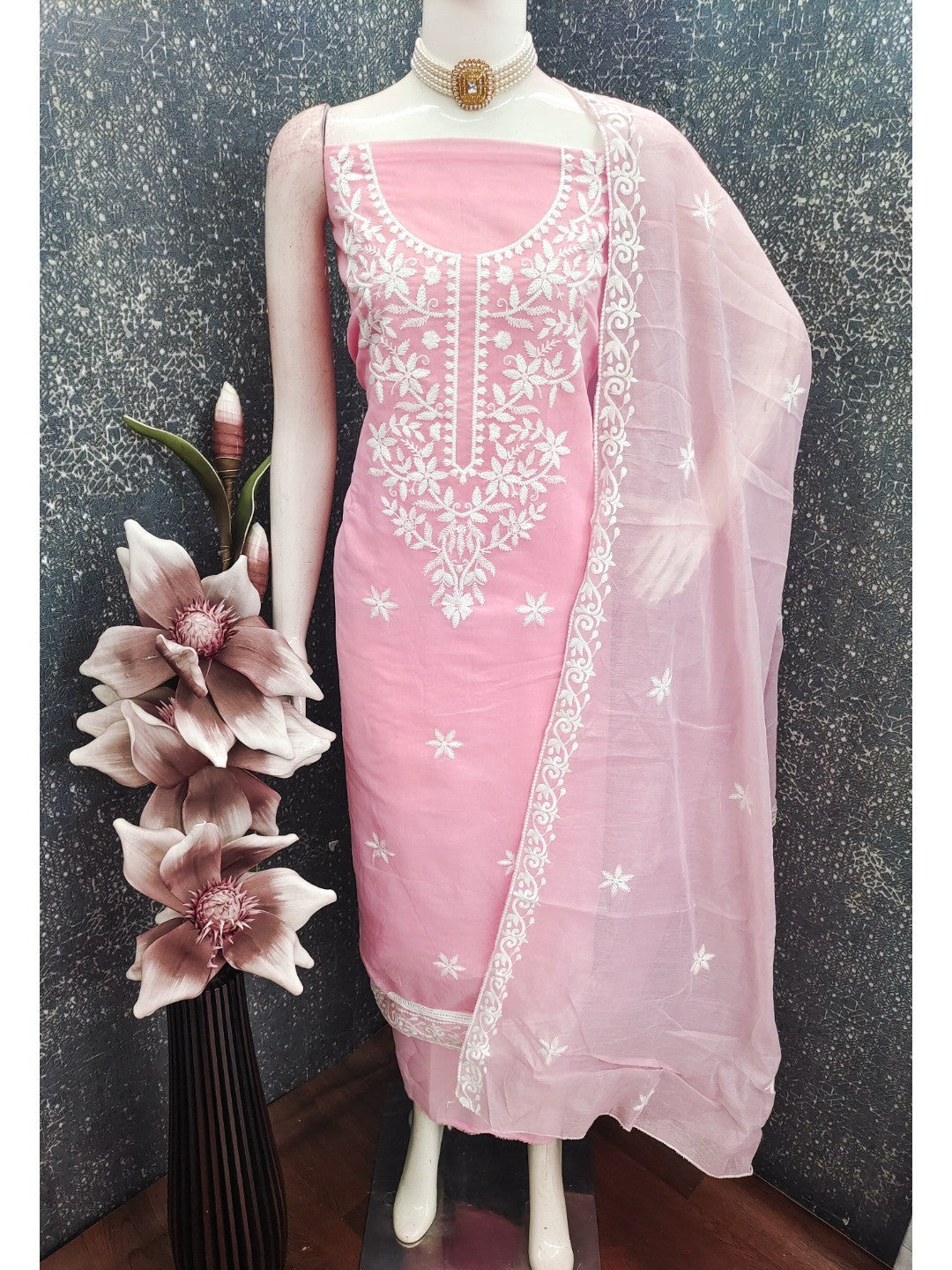 Peachmode Pink Chanderi Cotton Dress Material with Ethnic Motifs - Image 4