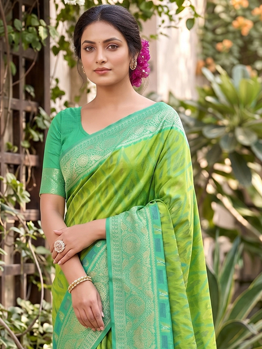 Peachmode Rama Green Soft Silk Woven Saree - Image 4