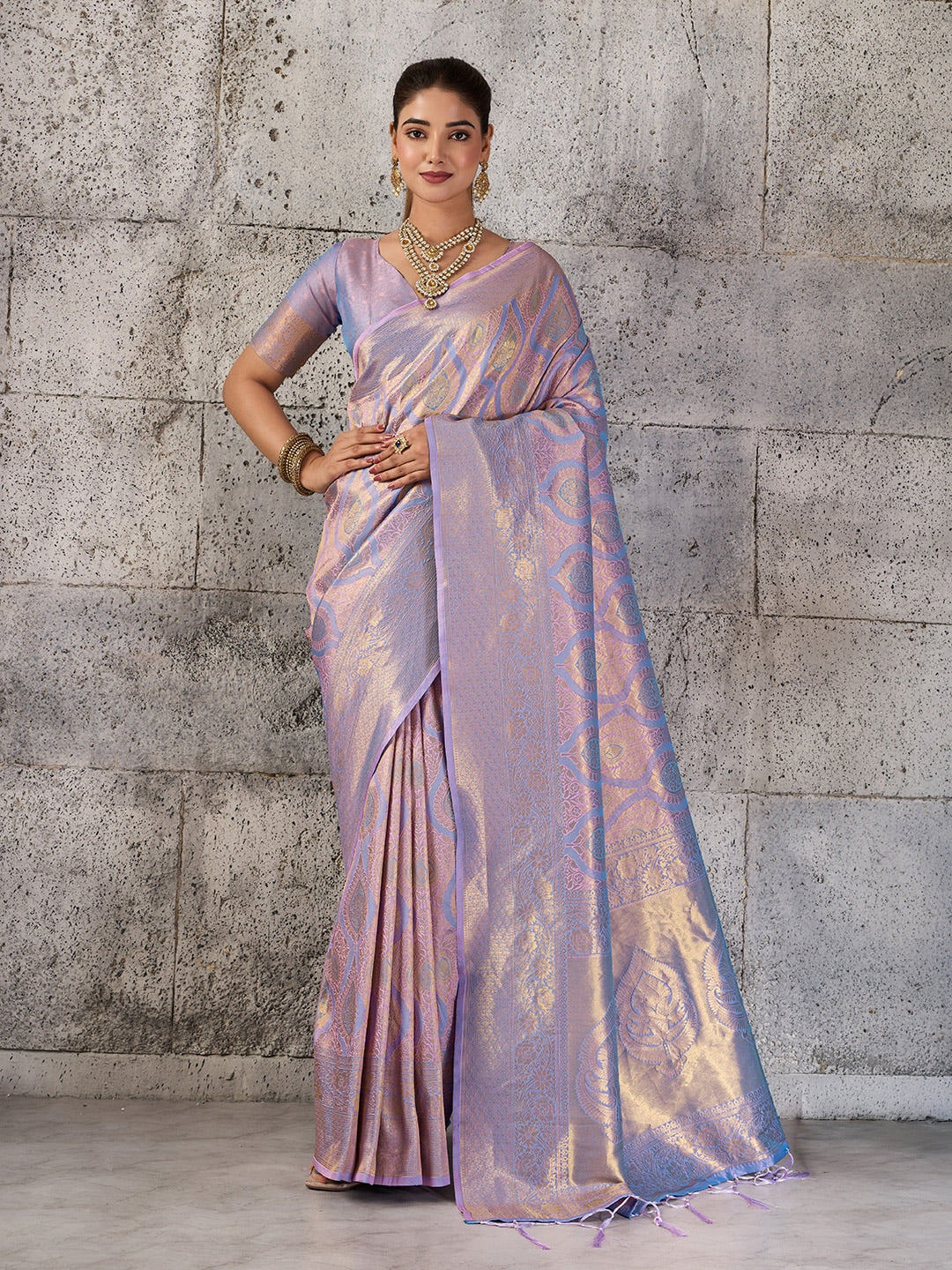 Peachmode Lavender Kanjivaram Silk Blend Saree - Image 1