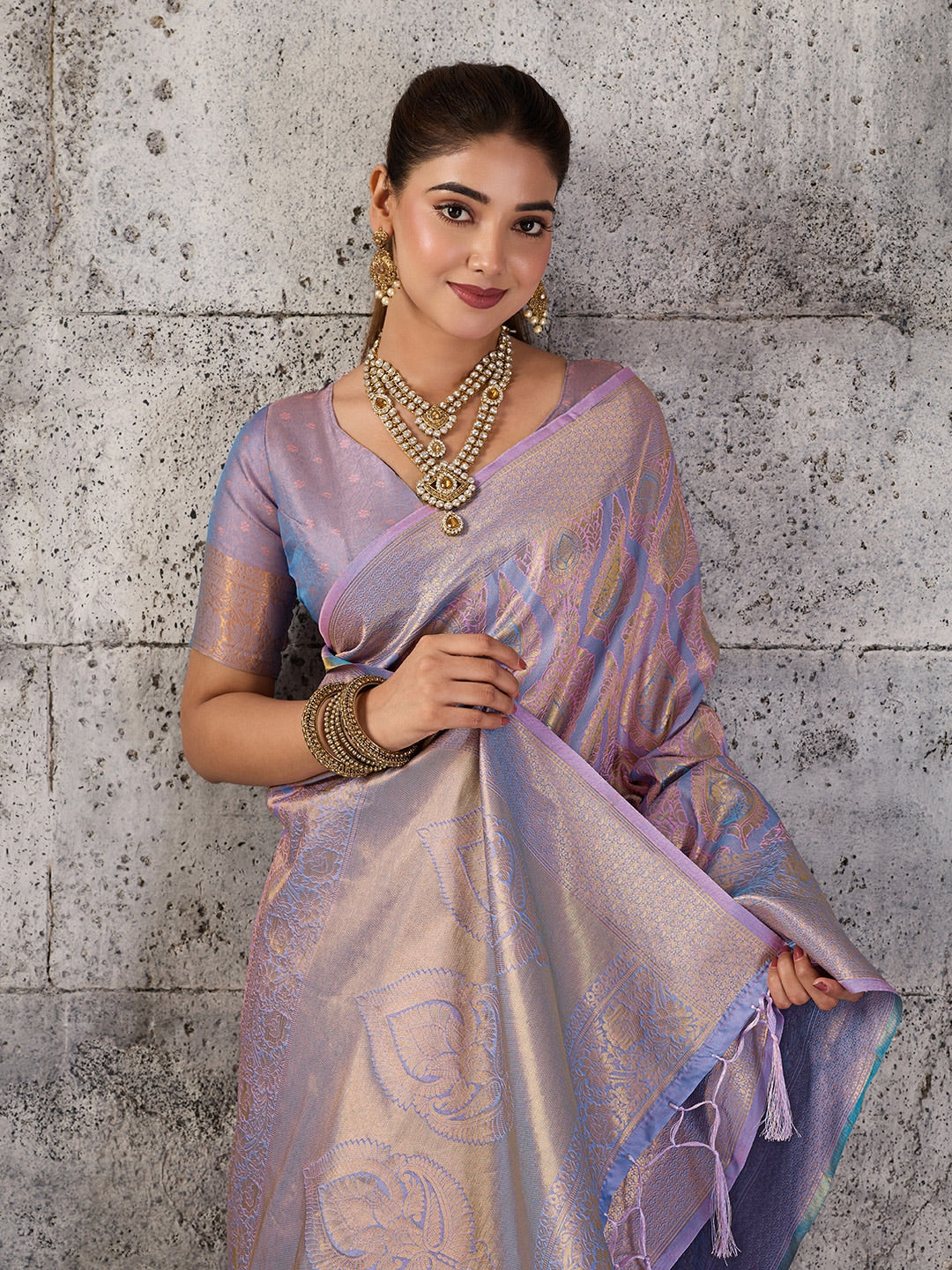 Peachmode Lavender Kanjivaram Silk Blend Saree - Image 5