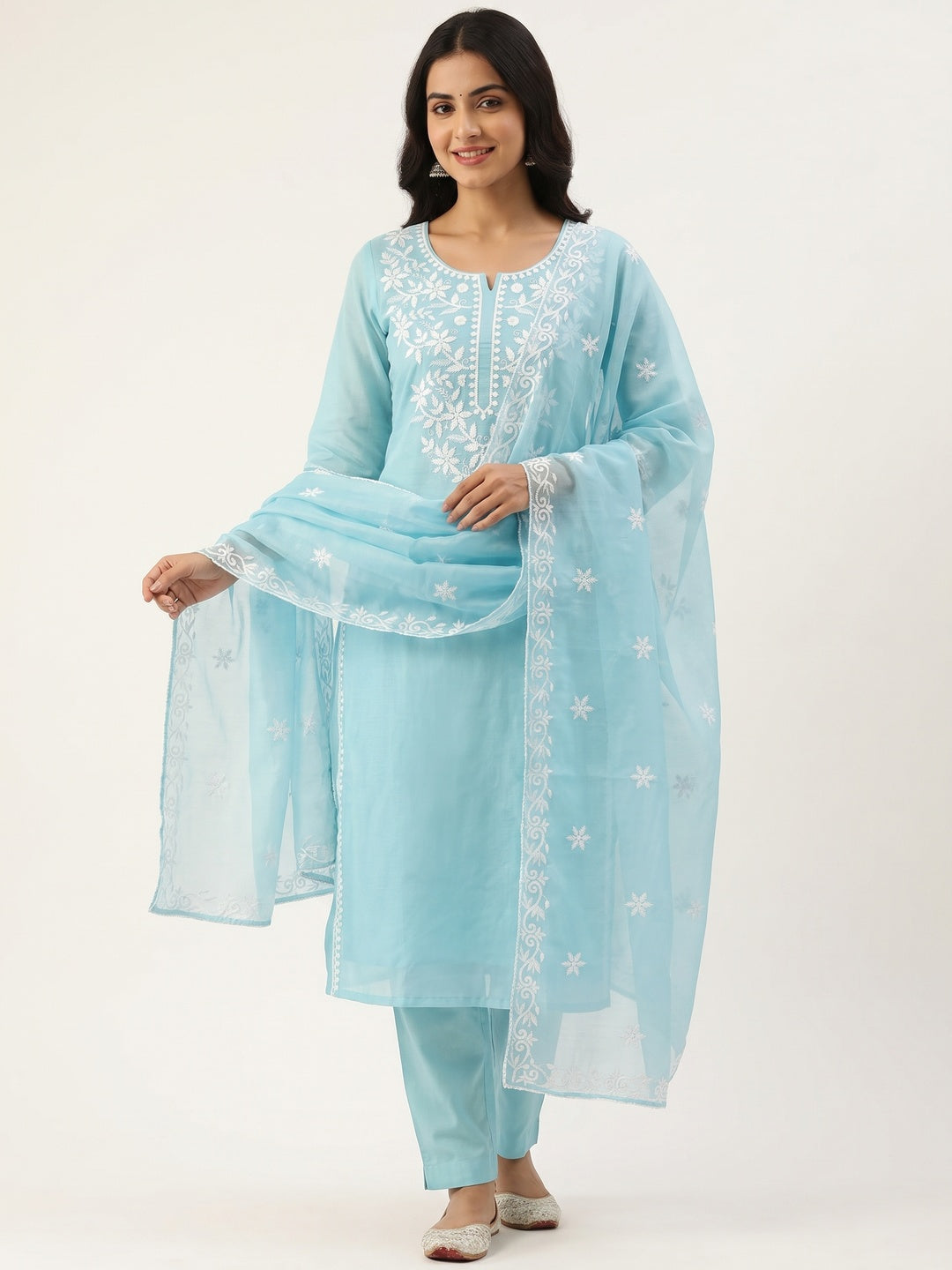 Peachmode Blue Chanderi Cotton Dress Material with Ethnic Motifs - Image 1