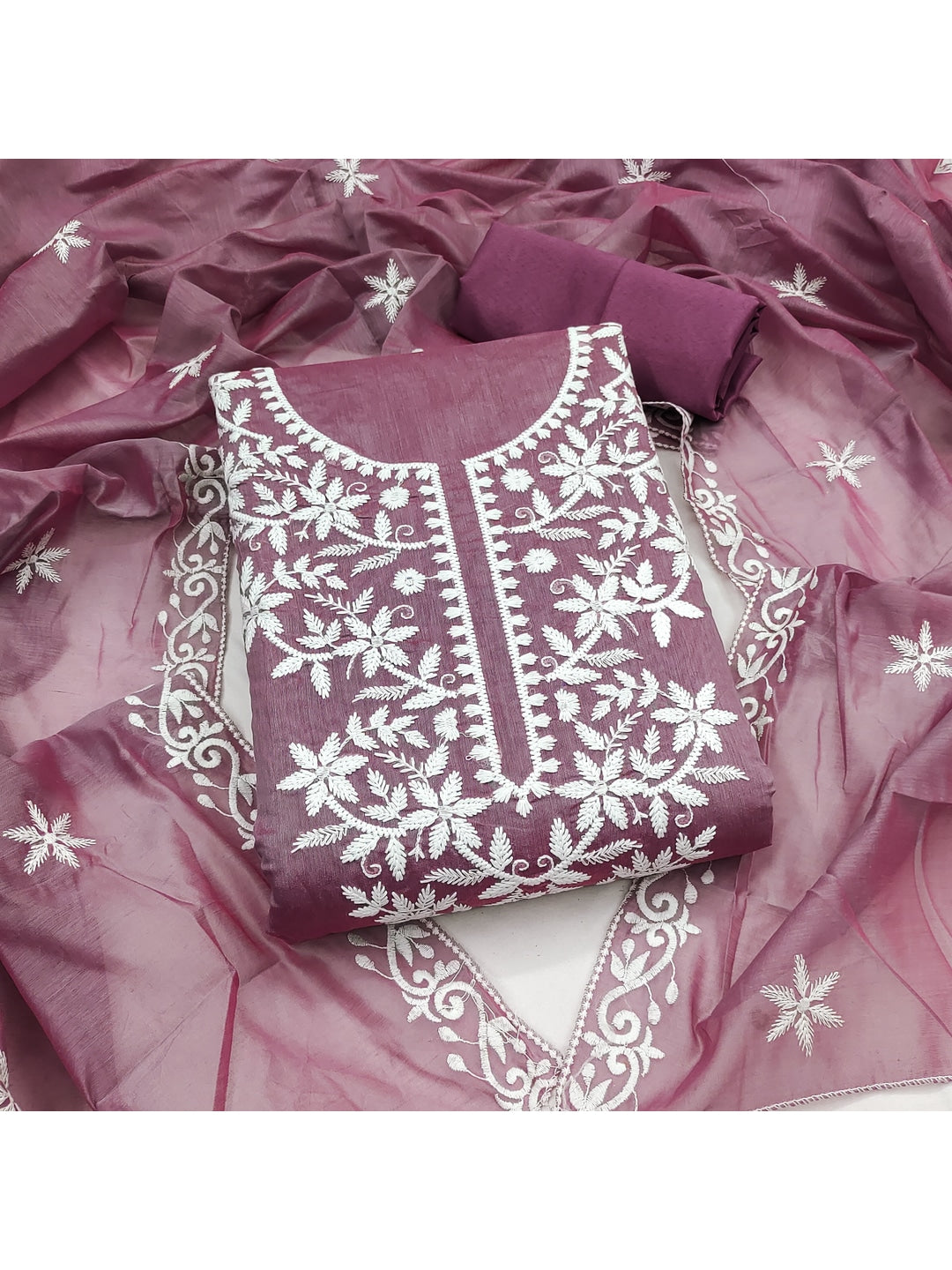 Peachmode Mauve Chanderi Cotton Dress Material with Ethnic Motifs - Image 2