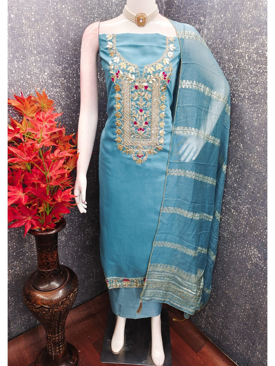 Peachmode Blue Roman Silk Dress Material with Ethnic Motifs - Image 3