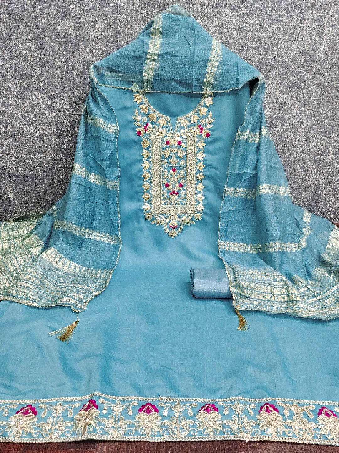Peachmode Blue Roman Silk Dress Material with Ethnic Motifs - Image 4