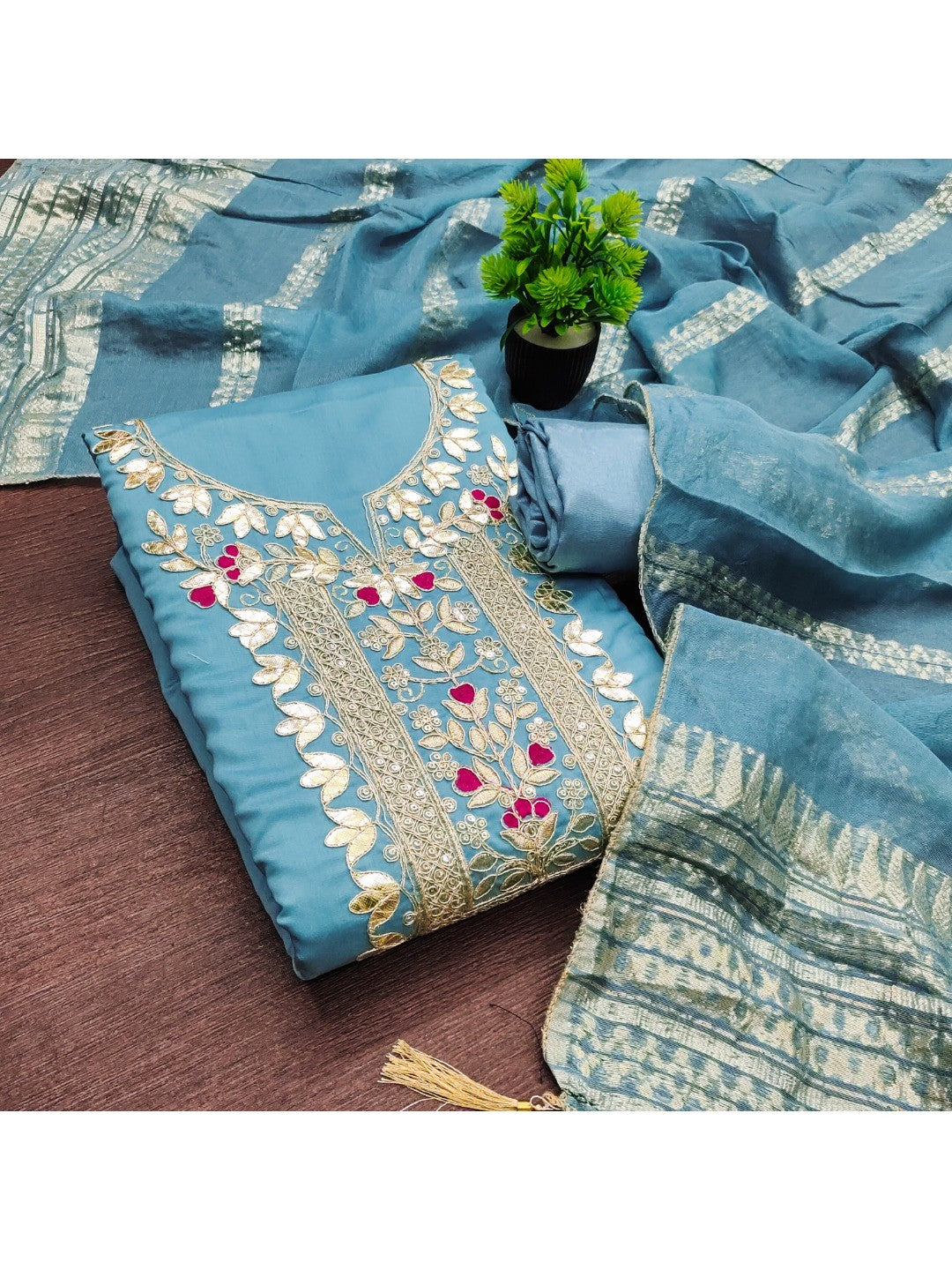 Peachmode Blue Roman Silk Dress Material with Ethnic Motifs - Image 5