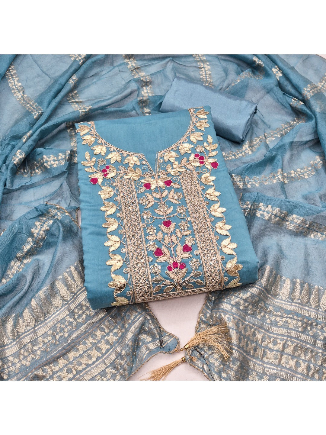 Peachmode Blue Roman Silk Dress Material with Ethnic Motifs - Image 6