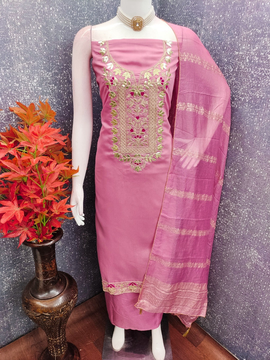 Elegant Pink Chanderi Silk Dress Material with Zari Work - Image 3