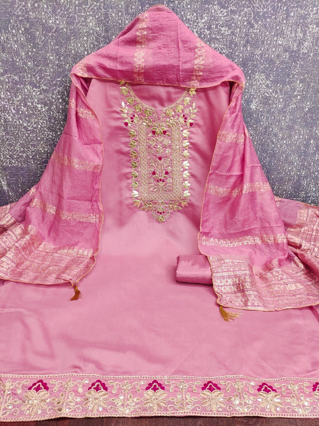Elegant Pink Chanderi Silk Dress Material with Zari Work - Image 4