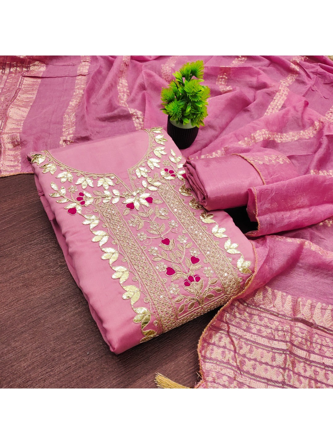 Elegant Pink Chanderi Silk Dress Material with Zari Work - Image 5