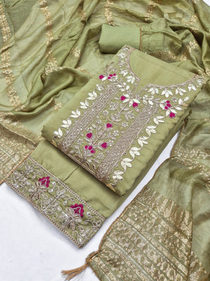 Peachmode Olive Roman Silk Dress Material with Ethnic Motifs - Image 1