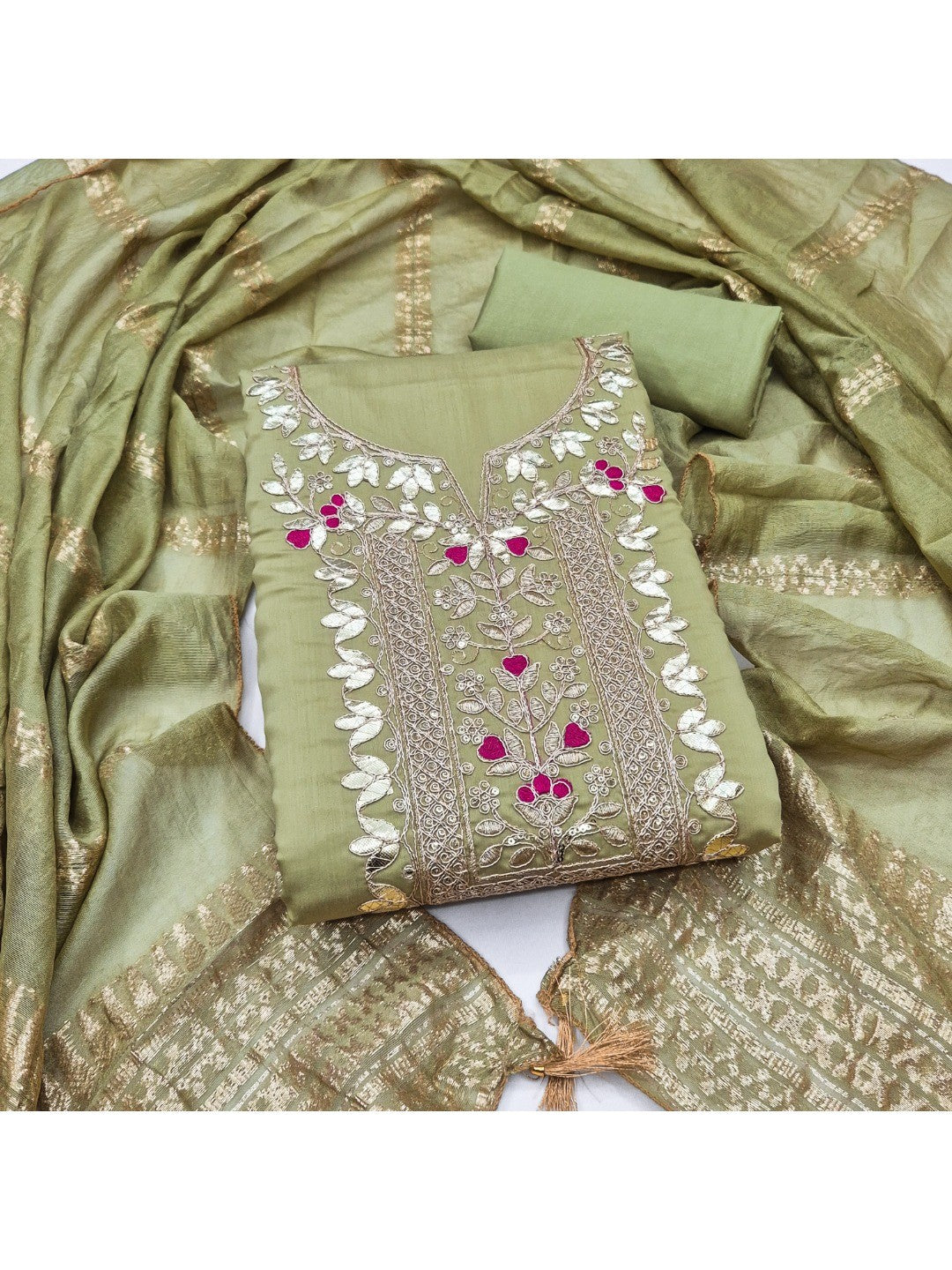Peachmode Olive Roman Silk Dress Material with Ethnic Motifs - Image 7