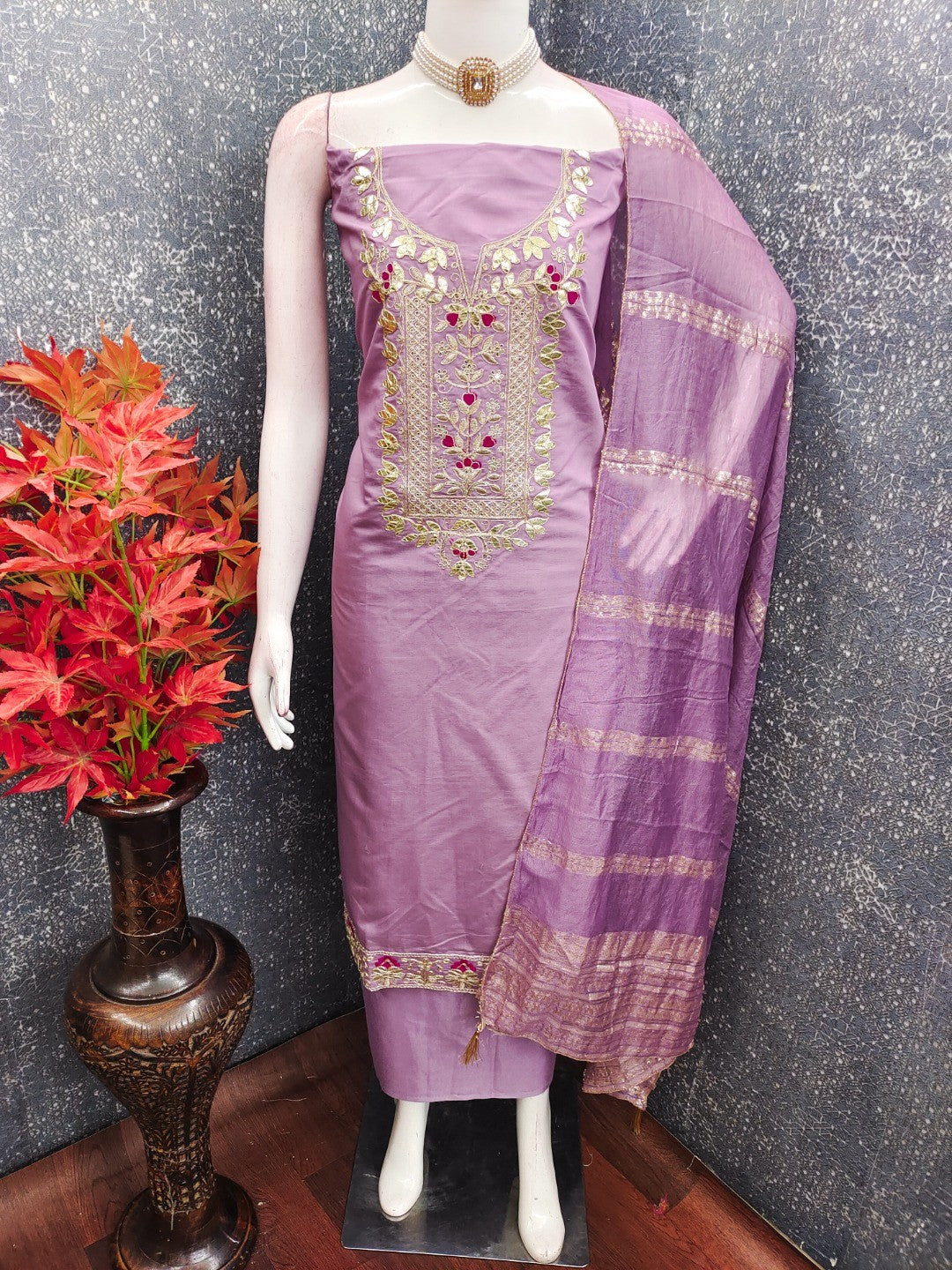 Peachmode Lavender Roman Silk Dress Material with Ethnic Motifs - Image 3