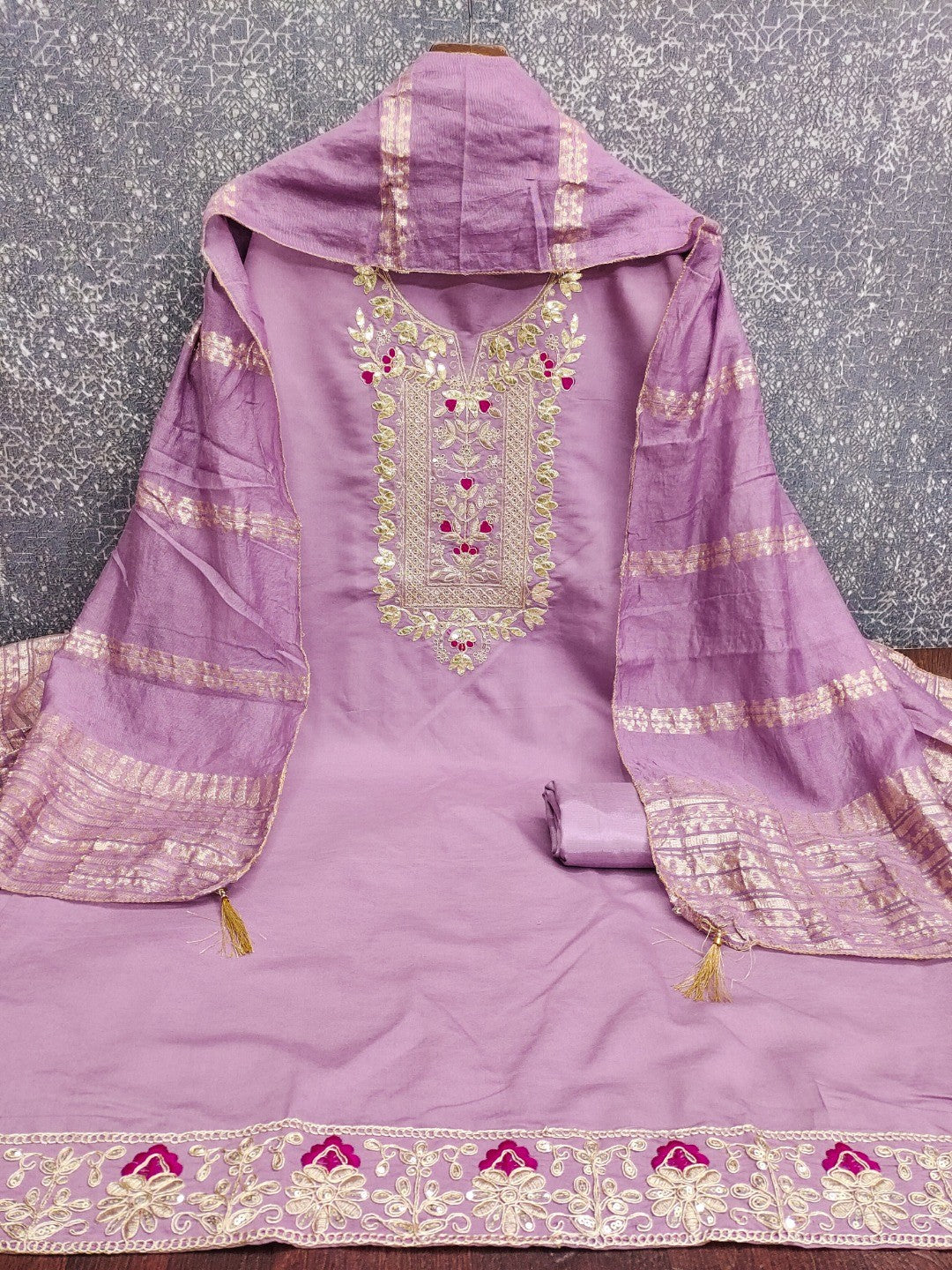 Peachmode Lavender Roman Silk Dress Material with Ethnic Motifs - Image 4