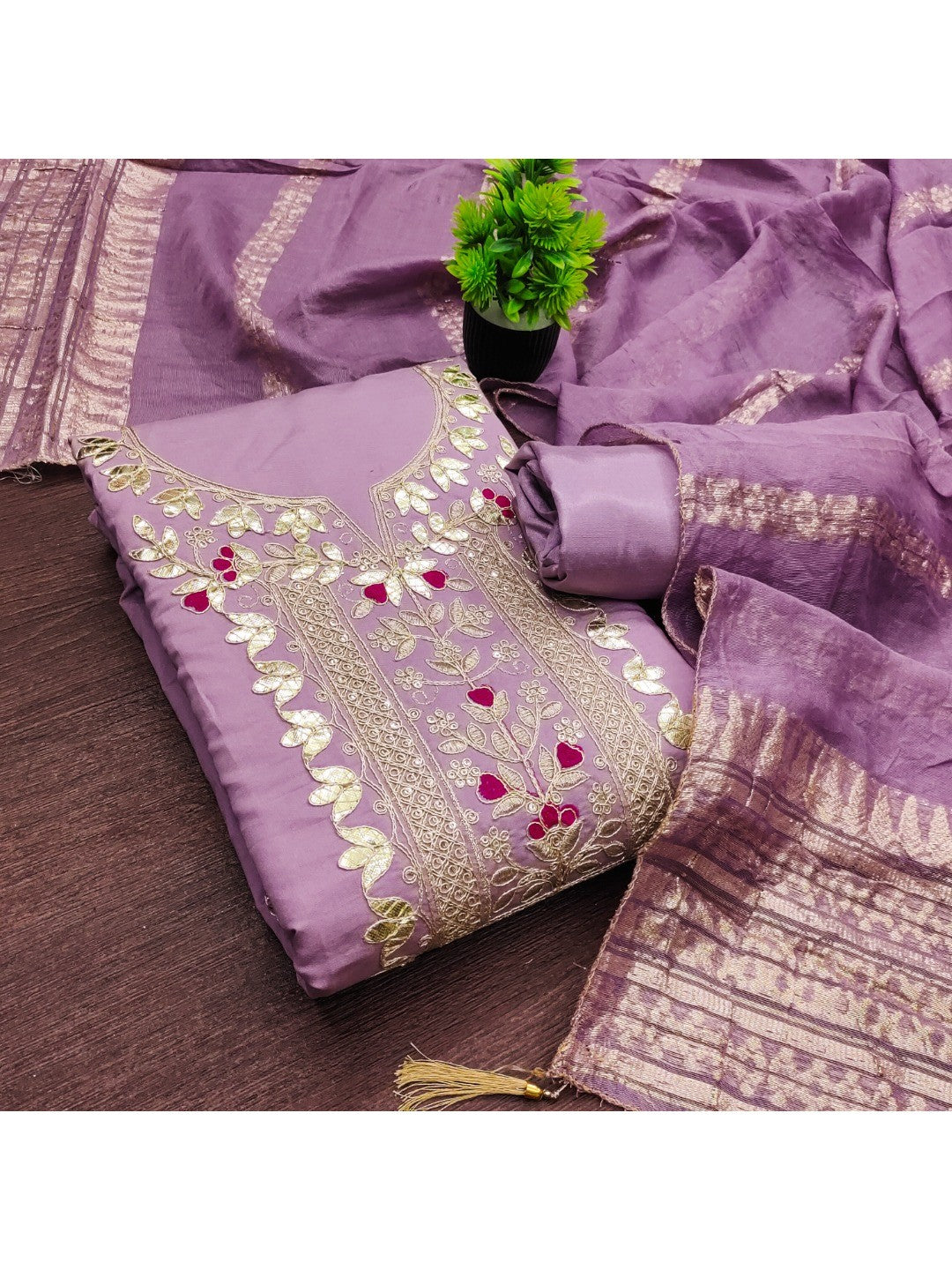 Peachmode Lavender Roman Silk Dress Material with Ethnic Motifs - Image 5