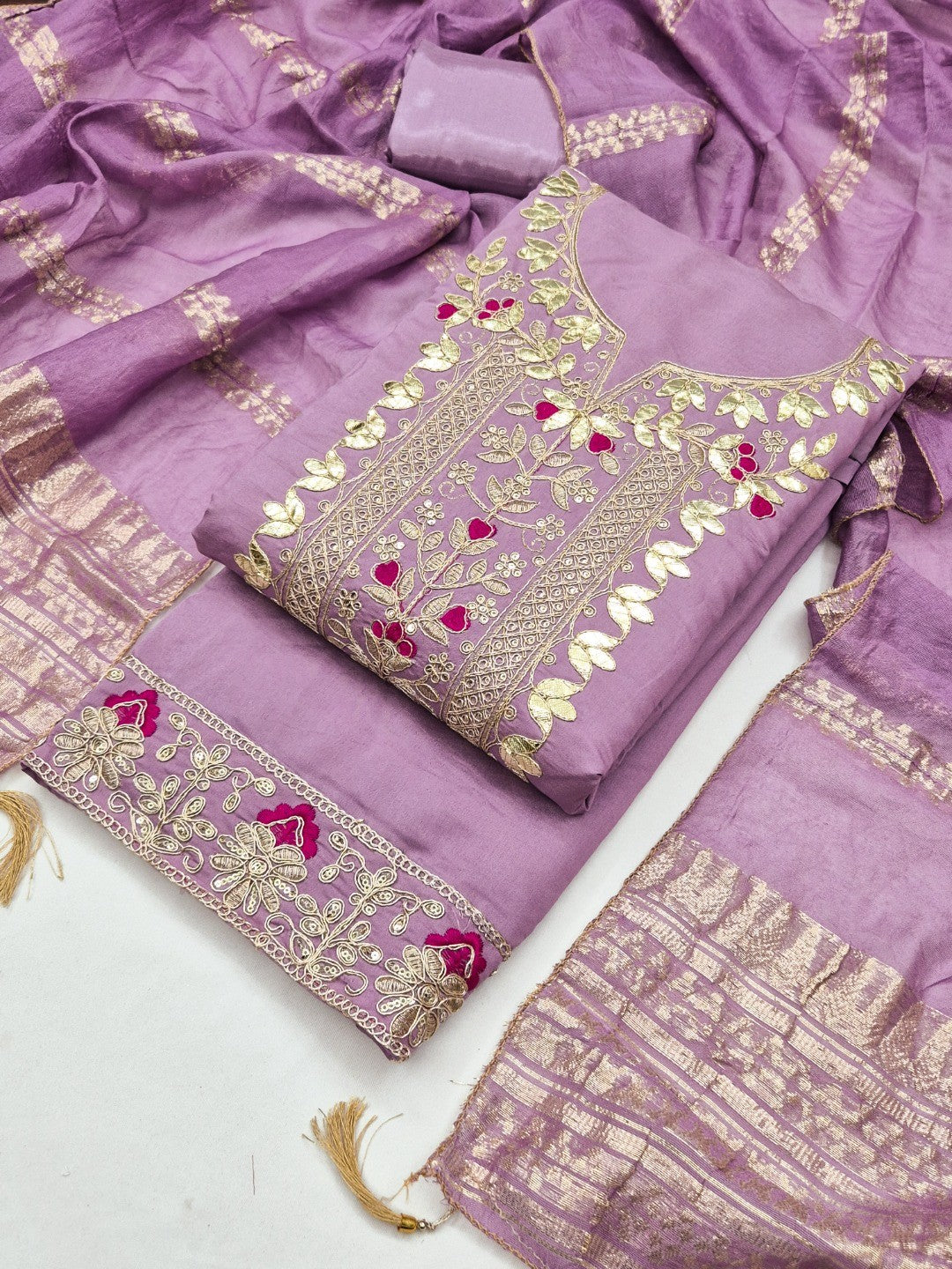 Peachmode Lavender Roman Silk Dress Material with Ethnic Motifs - Image 1