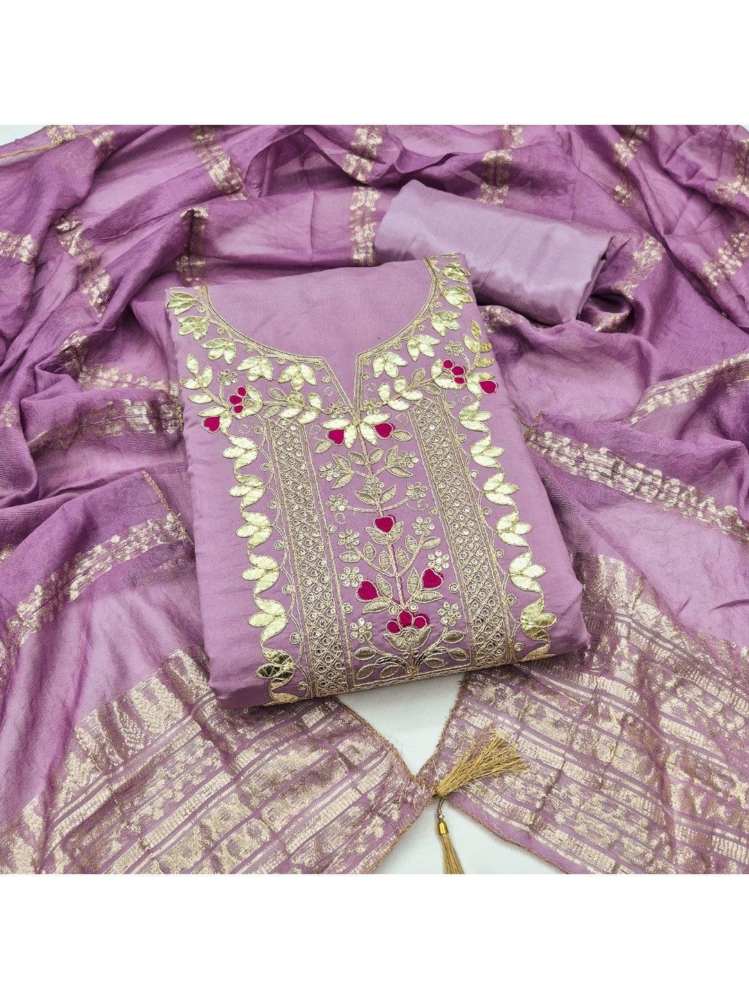 Peachmode Lavender Roman Silk Dress Material with Ethnic Motifs - Image 6