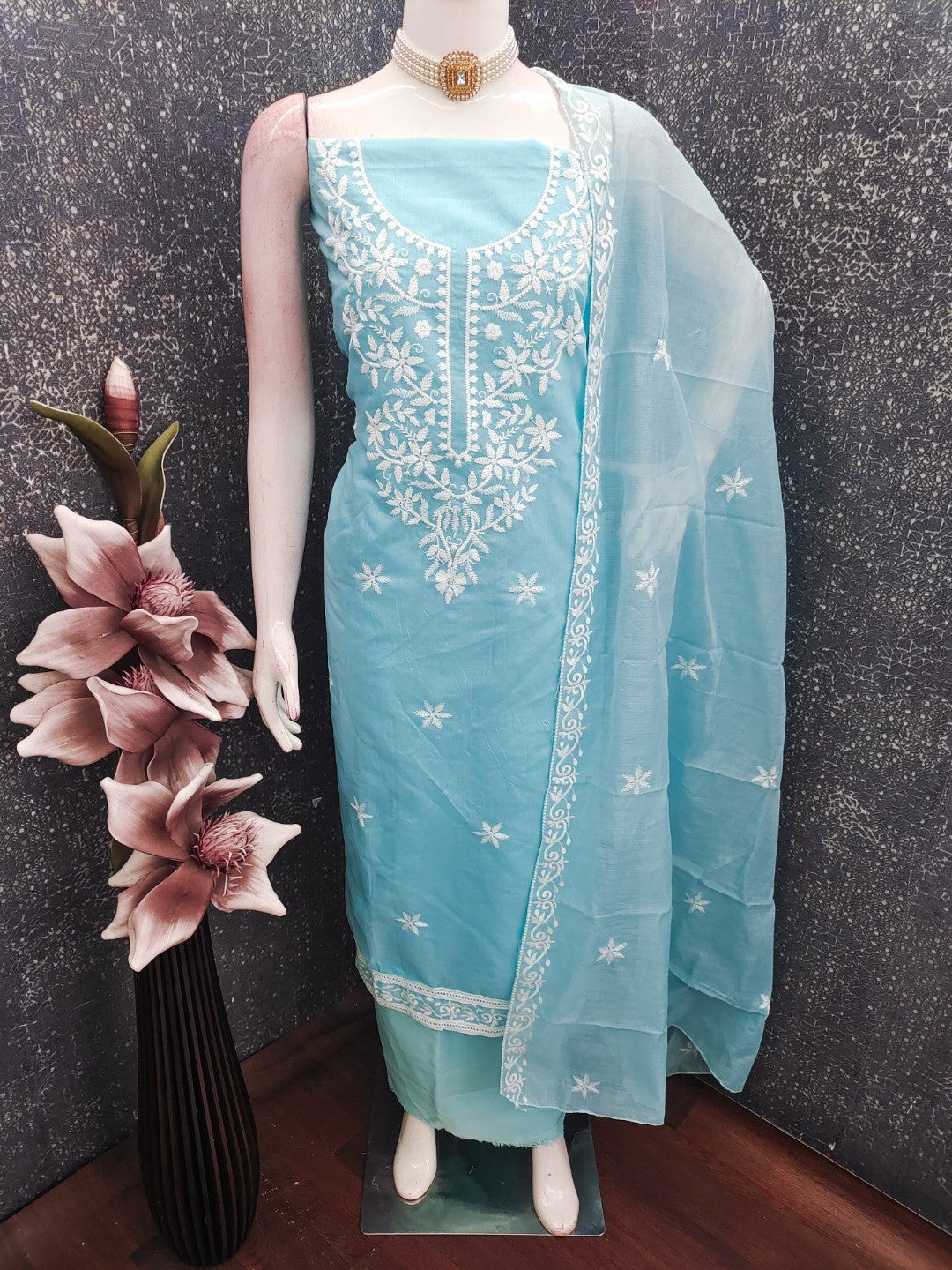 Peachmode Blue Chanderi Cotton Dress Material with Ethnic Motifs - Image 2