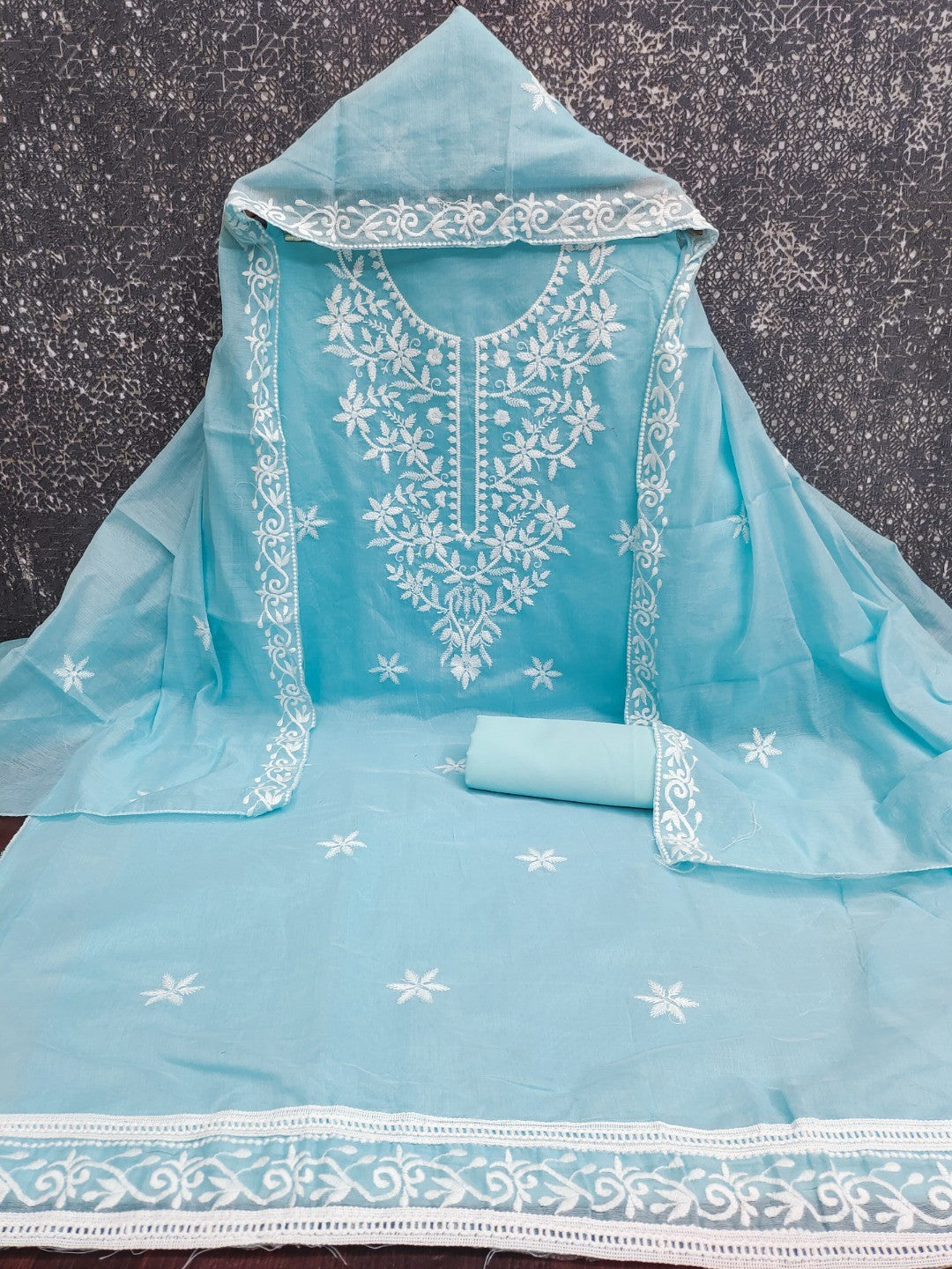Peachmode Blue Chanderi Cotton Dress Material with Ethnic Motifs - Image 4