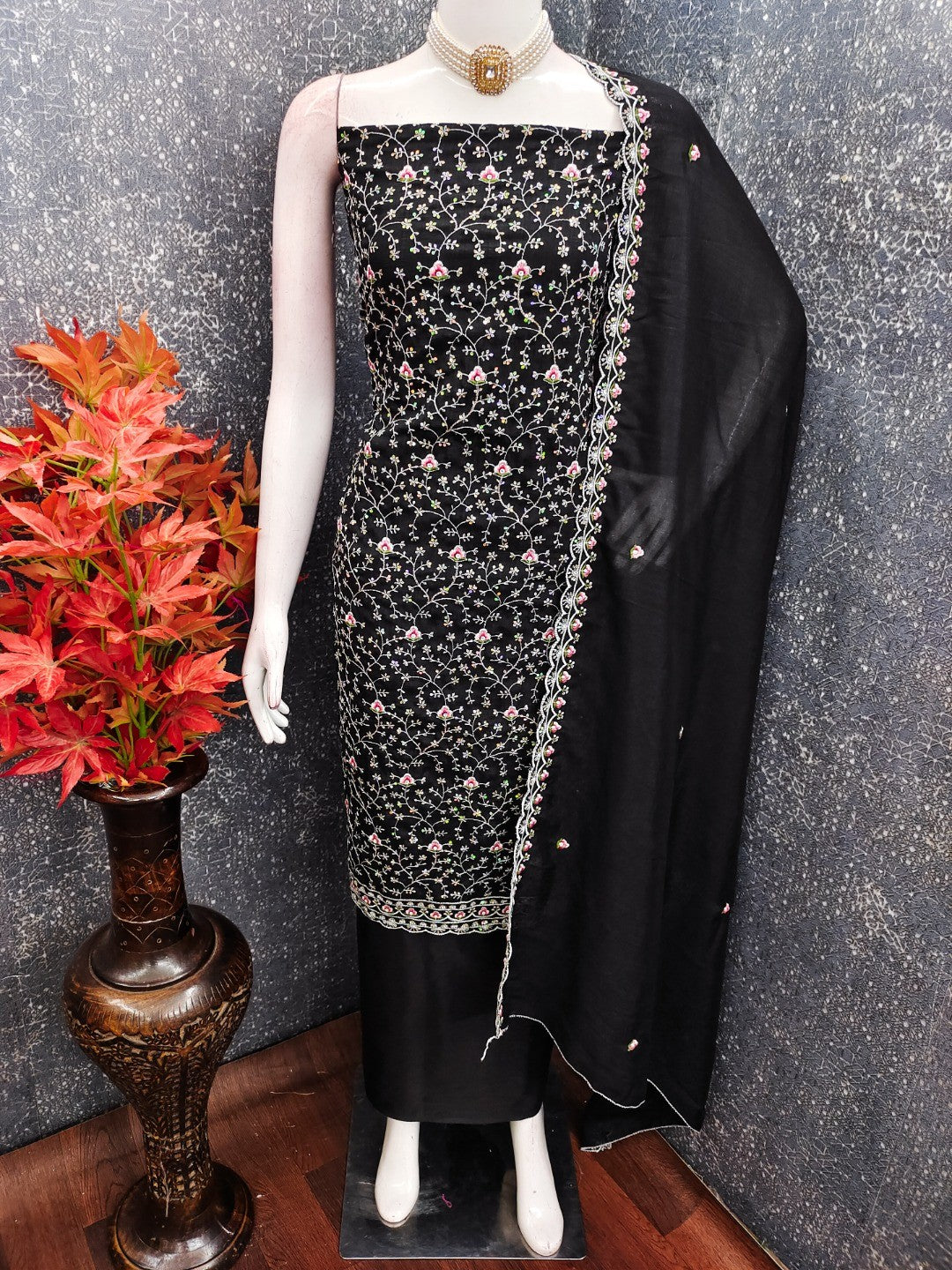 Elegant Black Vichitra Silk Dress Material with Intricate Thread Work - Image 3