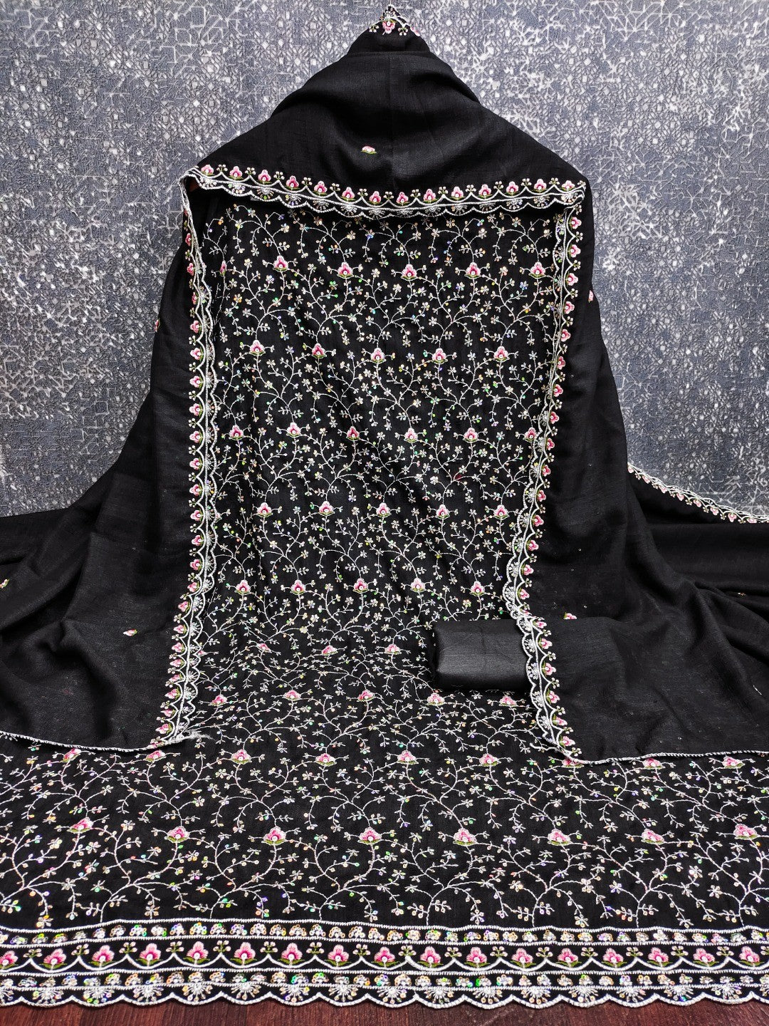 Elegant Black Vichitra Silk Dress Material with Intricate Thread Work - Image 4