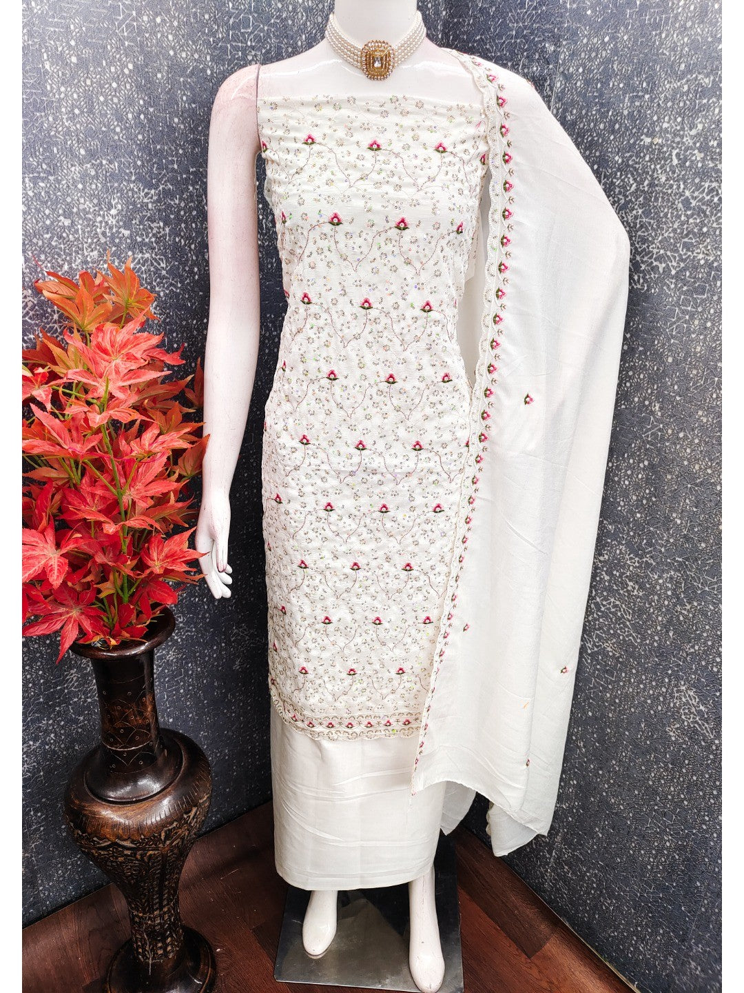 Peachmode White Vichitra Silk Dress Material with Ethnic Motifs - Image 3