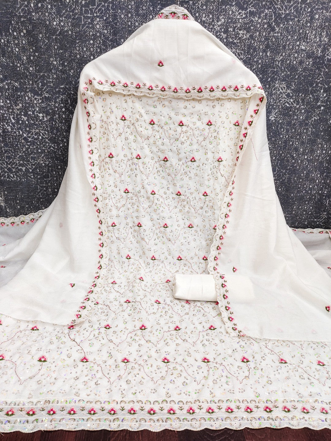 Peachmode White Vichitra Silk Dress Material with Ethnic Motifs - Image 5