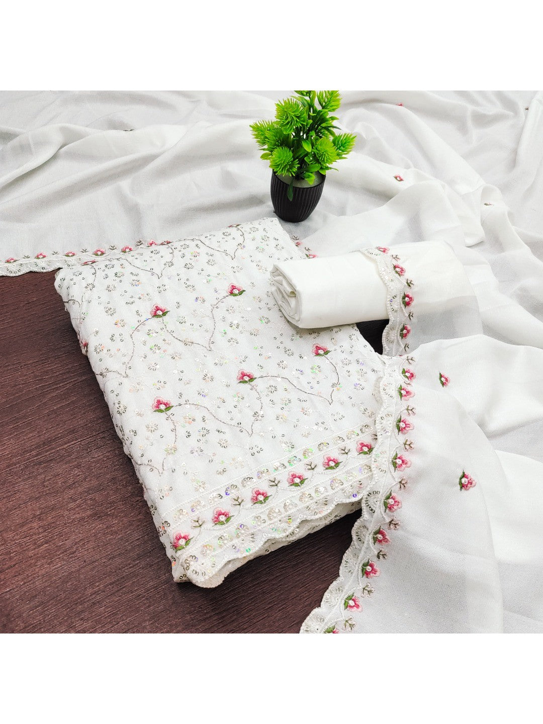 Peachmode White Vichitra Silk Dress Material with Ethnic Motifs - Image 7
