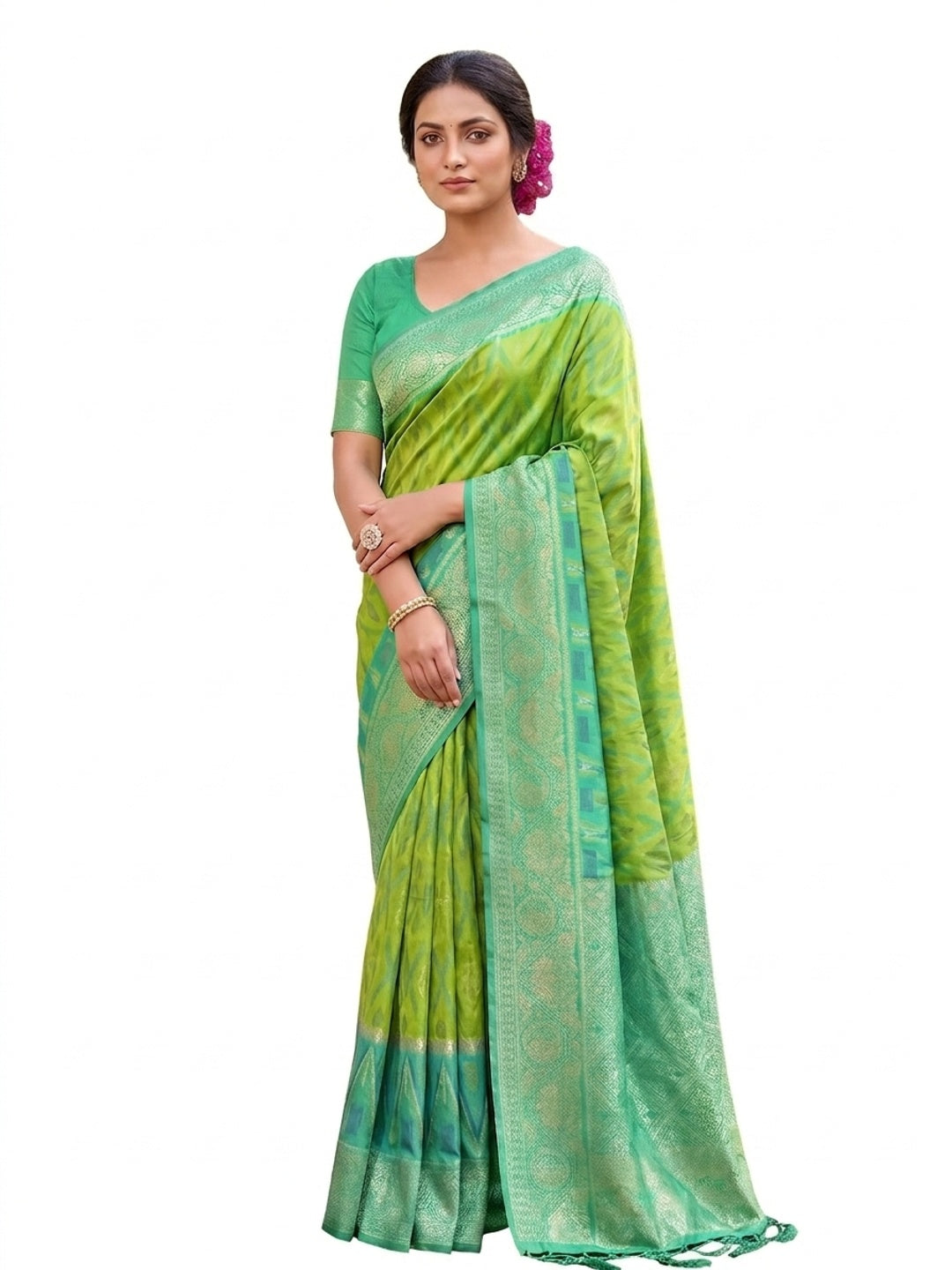 Peachmode Rama Green Soft Silk Woven Saree - Image 5