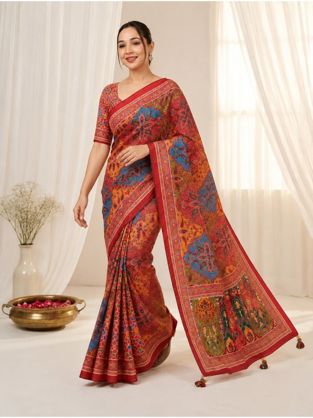 Peachmode Pink Satin Crepe Ajrakh Print Saree with Real Mirror Work and Pallu Latkan - Image 1