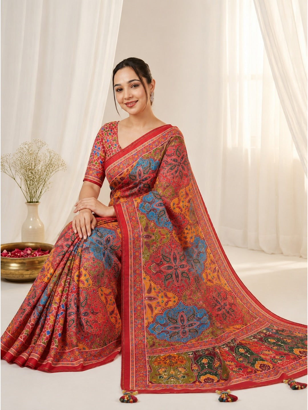 Peachmode Pink Satin Crepe Ajrakh Print Saree with Real Mirror Work and Pallu Latkan - Image 3