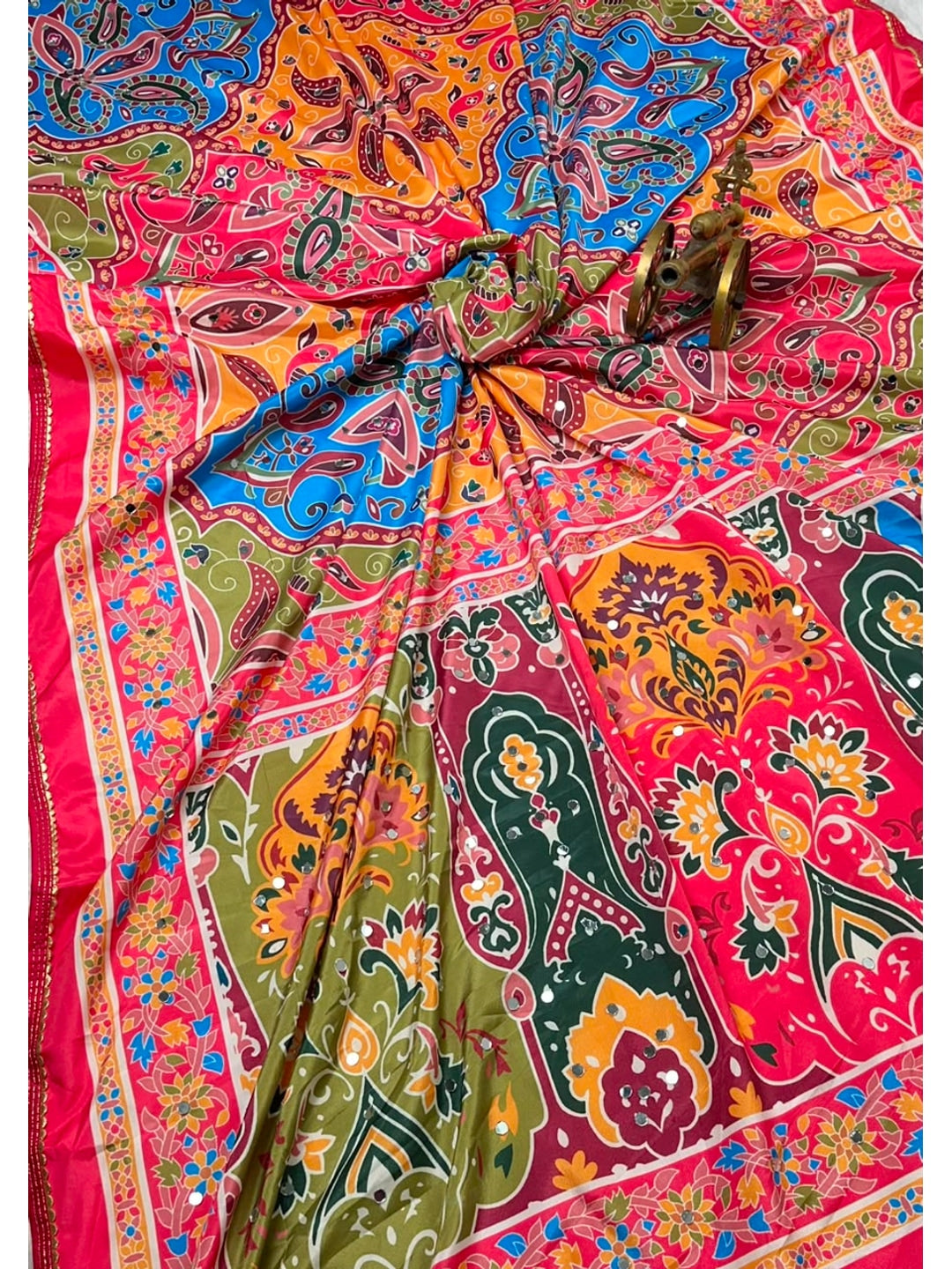 Peachmode Pink Satin Crepe Ajrakh Print Saree with Real Mirror Work and Pallu Latkan - Image 8
