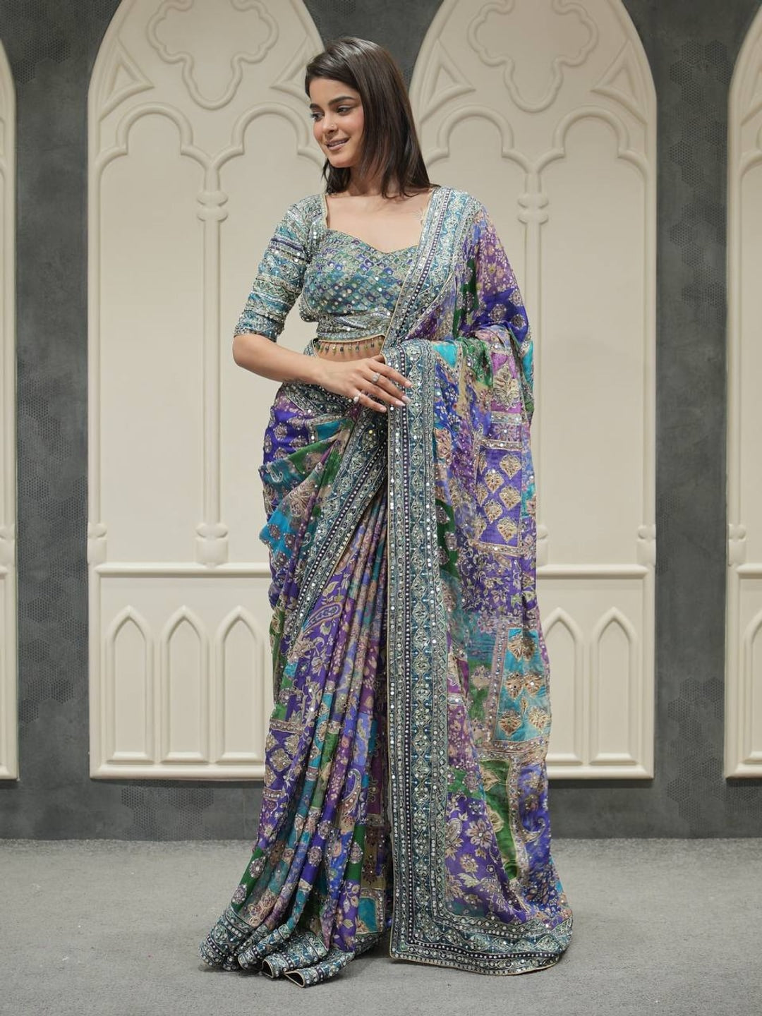 Peachmode Blue Sky Blue Satin Crepe Ajrakh Print Saree with Real Mirror Work and Pallu Latkan - Image 1