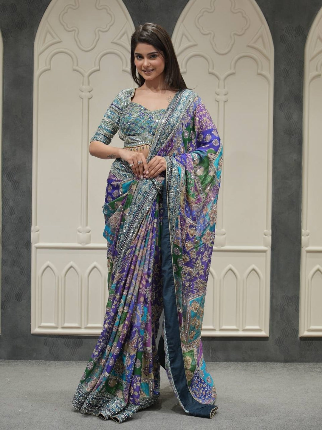 Peachmode Blue Sky Blue Satin Crepe Ajrakh Print Saree with Real Mirror Work and Pallu Latkan - Image 2