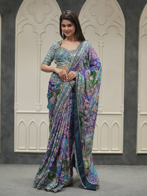 Peachmode Blue Sky Blue Satin Crepe Ajrakh Print Saree with Real Mirror Work and Pallu Latkan - Image 2