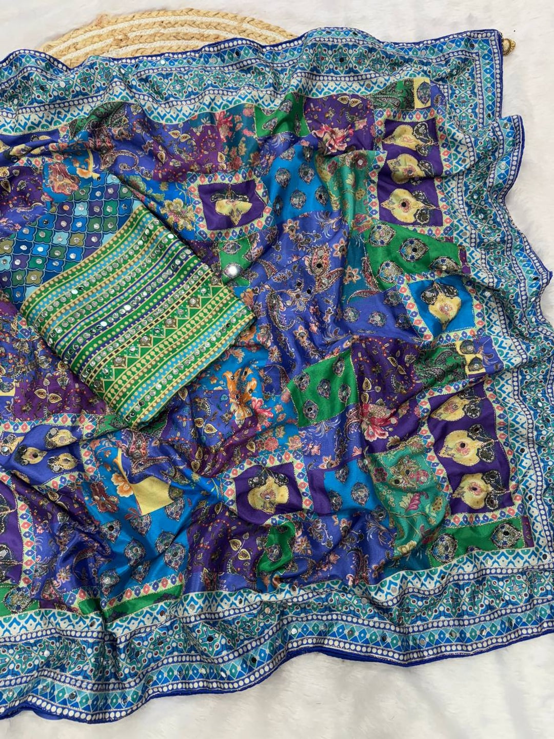 Peachmode Blue Sky Blue Satin Crepe Ajrakh Print Saree with Real Mirror Work and Pallu Latkan - Image 4