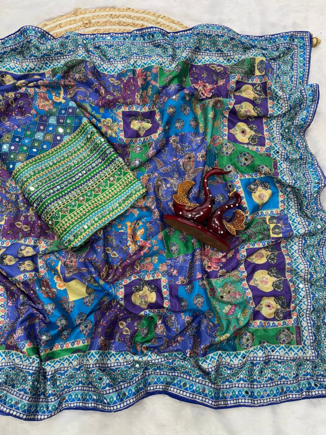 Peachmode Blue Sky Blue Satin Crepe Ajrakh Print Saree with Real Mirror Work and Pallu Latkan - Image 5
