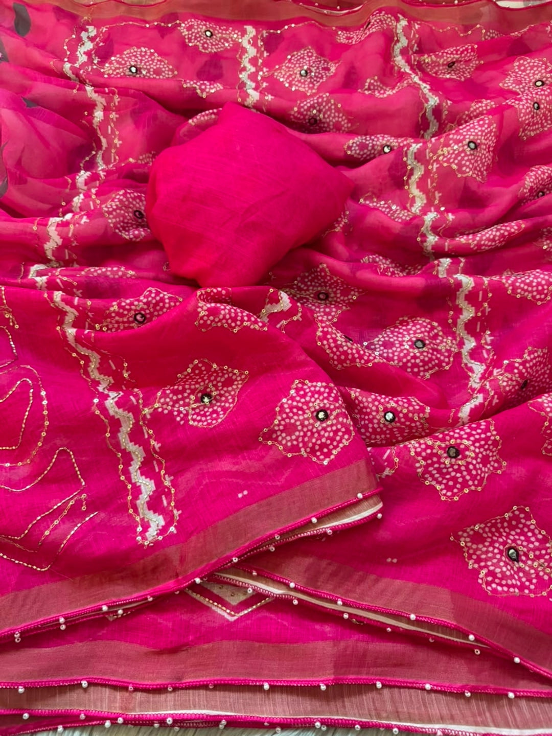 Peachmode Pink Simar Silk Digital Print Saree with Khatli Work - Image 2