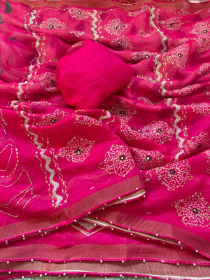 Peachmode Pink Simar Silk Digital Print Saree with Khatli Work - Image 2