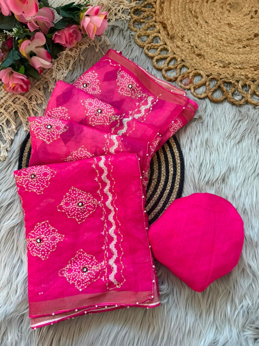 Peachmode Pink Simar Silk Digital Print Saree with Khatli Work - Image 4