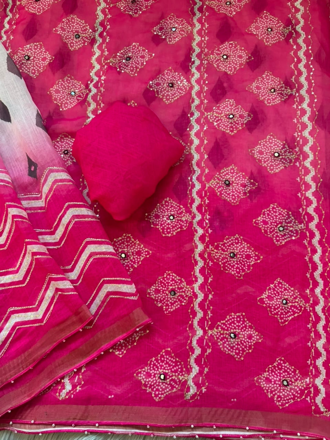 Peachmode Pink Simar Silk Digital Print Saree with Khatli Work - Image 5