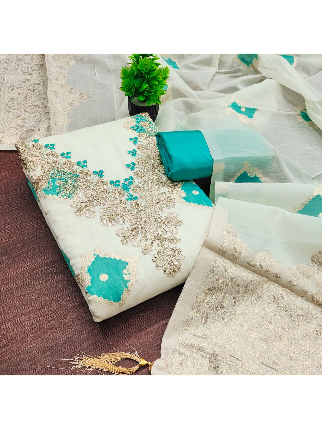 Peachmode Turquoise Cotton Dress Material with Ethnic Motifs - Image 1