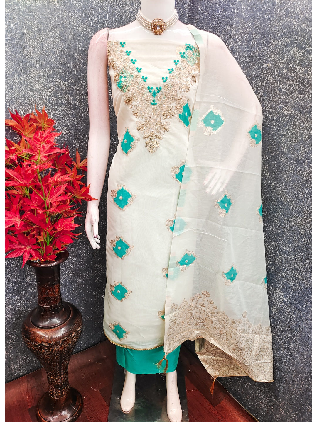 Peachmode Turquoise Cotton Dress Material with Ethnic Motifs - Image 6